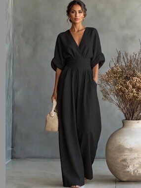 Chic Black V-Neck Wide Leg Maxi Jumpsuit | Cinched Waist & Pockets